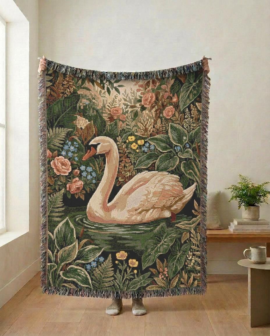 Swan Woven Blanket Botanical Floral Throw Nature Garden Decor Dreamy Bedroom Gift Velveteen Couch Blanket Cottagecore Tapestry
