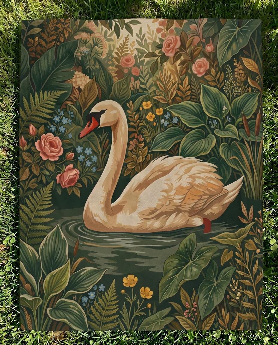 Swan Woven Blanket Botanical Floral Throw Nature Garden Decor Dreamy Bedroom Gift Velveteen Couch Blanket Cottagecore Tapestry