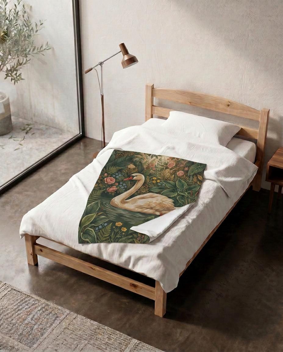 Swan Woven Blanket Botanical Floral Throw Nature Garden Decor Dreamy Bedroom Gift Velveteen Couch Blanket Cottagecore Tapestry