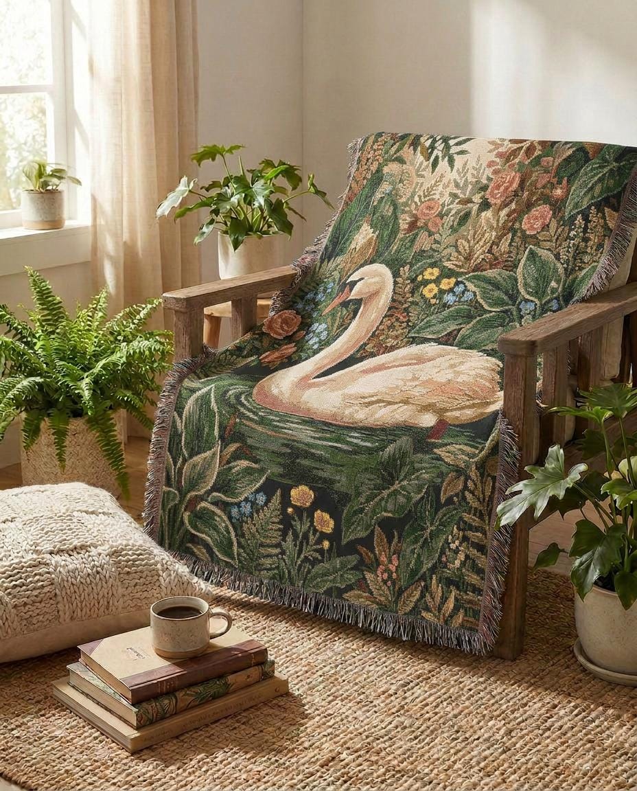 Swan Woven Blanket Botanical Floral Throw Nature Garden Decor Dreamy Bedroom Gift Velveteen Couch Blanket Cottagecore Tapestry